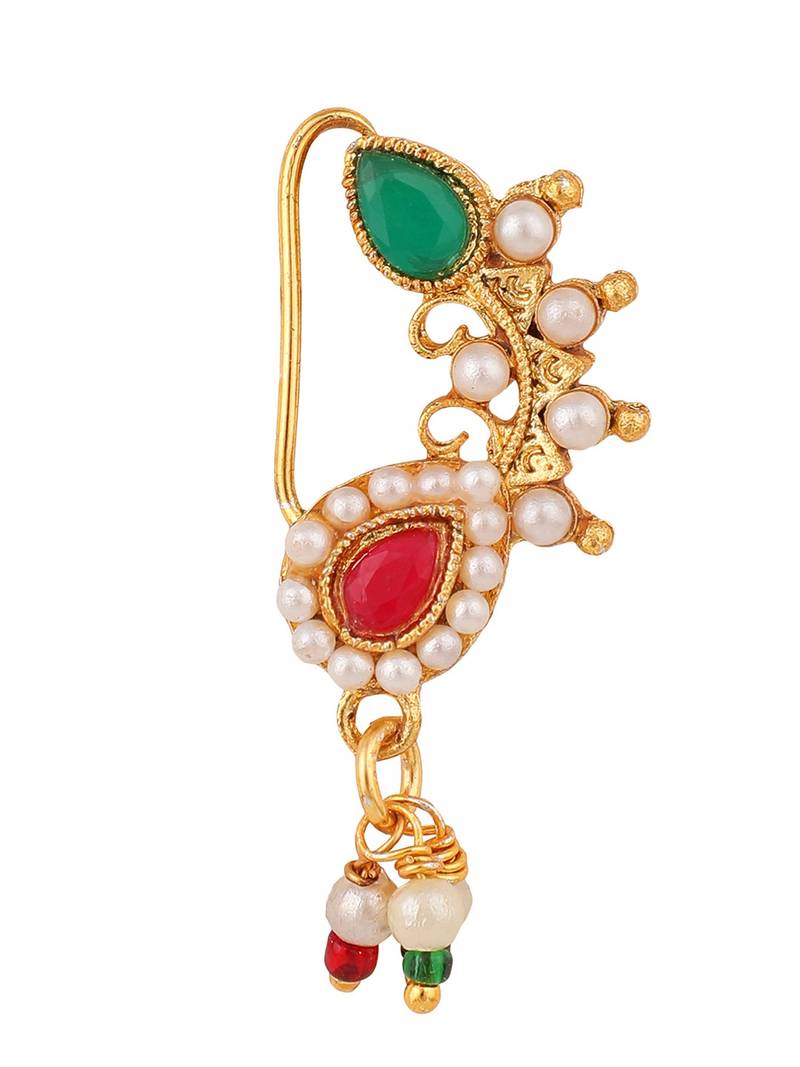 Ethnic Gold Plated Multicolor Stone and Pearl Studded Maharashtran Nath or Nose Ring for Girls and Women.