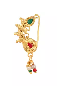 Ethnic Gold Plated Multicolor Stone and Pearl Studded Maharashtran Nath or Nose Ring for Girls and Women.