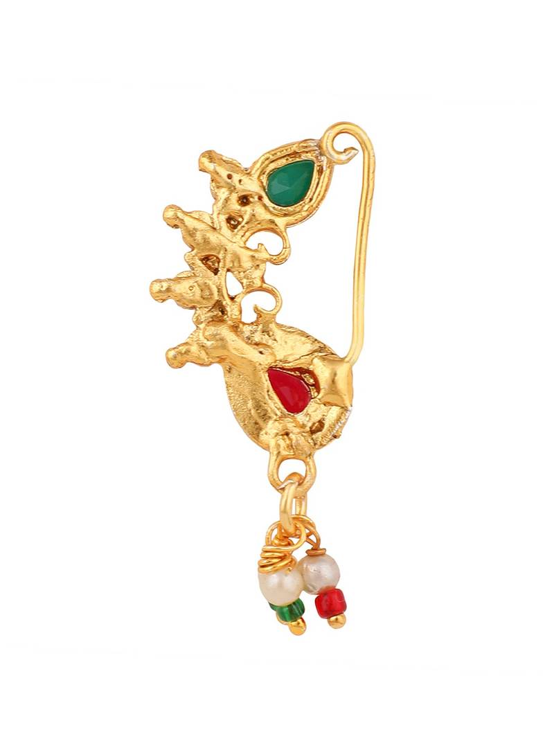 Ethnic Gold Plated Multicolor Stone and Pearl Studded Maharashtran Nath or Nose Ring for Girls and Women.