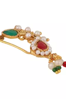 Ethnic Gold Plated Multicolor Stone and Pearl Studded Maharashtran Nath or Nose Ring for Girls and Women.