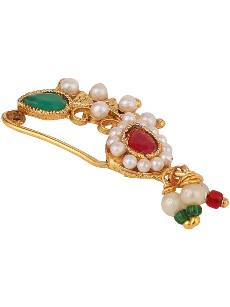 Ethnic Gold Plated Multicolor Stone and Pearl Studded Maharashtran Nath or Nose Ring for Girls and Women.
