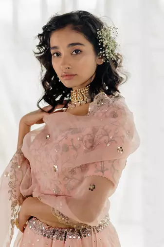 Powder Pink Embroidered Organza Lehenga Set