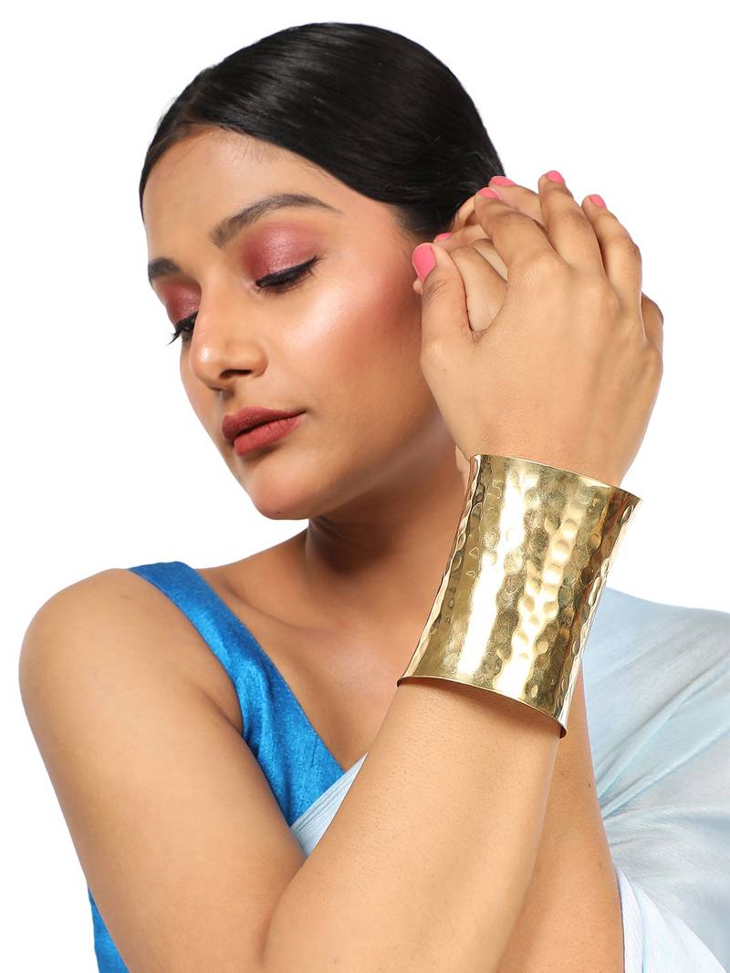 Statement Gold Plated Metal Chunk Self Design Slip-On Bracelet for Women and Girls.