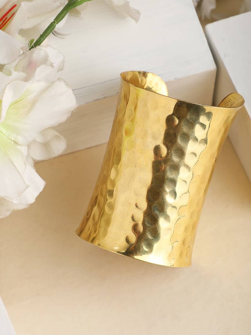 Statement Gold Plated Metal Chunk Self Design Slip-On Bracelet for Women and Girls.