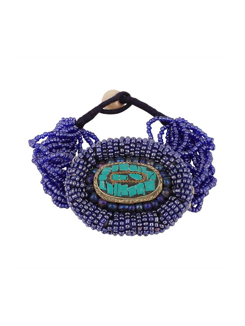 Contemporary Blue colored Beads studded Oval shaped Bracelet for Women and Girls.