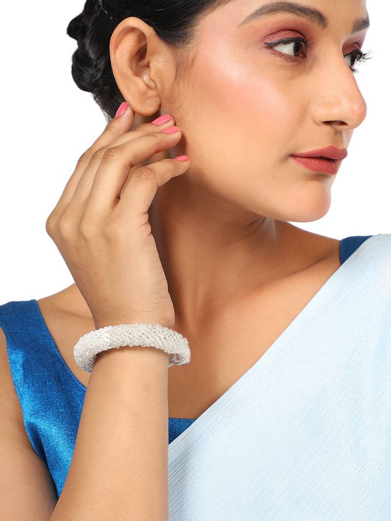 Contemporary Pearl Studded Broad Hook and Eye Bracelet for Women and Girls.