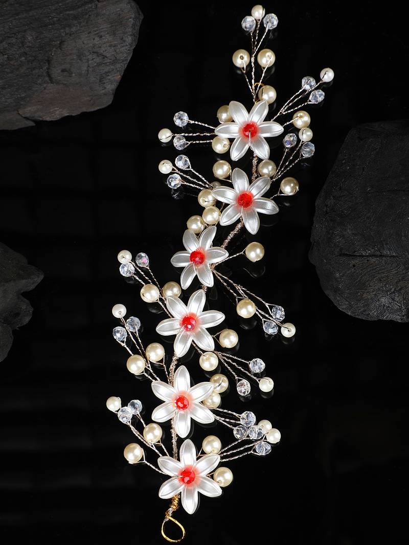 Statement Gold Plated White and Red colored Pearl Studded Floral Design Foldable Hair Accessory for Women and Girls