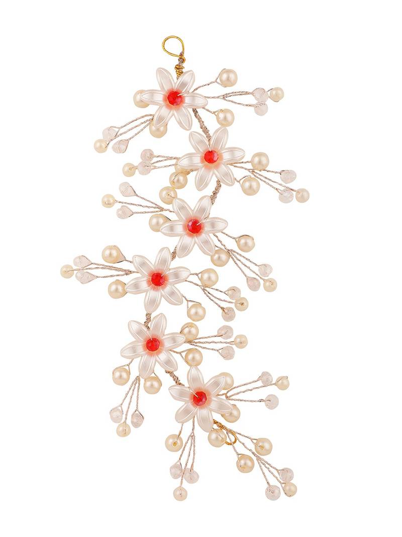 Statement Gold Plated White and Red colored Pearl Studded Floral Design Foldable Hair Accessory for Women and Girls