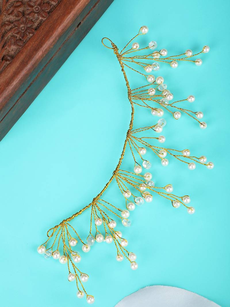 Statement Gold Plated 6 leaf Shaped Pearl Studded Floral Design Foldable Hair Accessory for Women and Girls