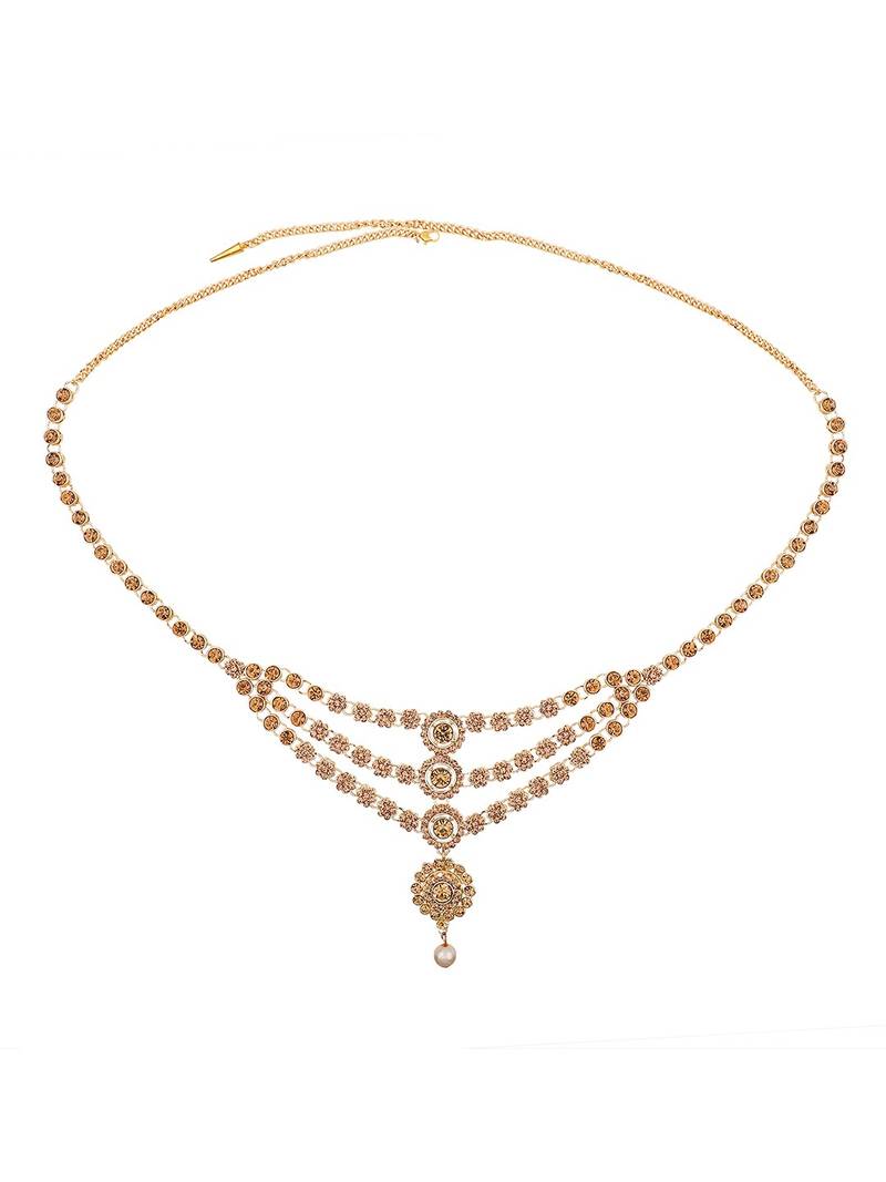 Ethnic Antique Gold Plated Stone Studded Three Chain Line Floral Design for Girls and Women.Women love jewellery
