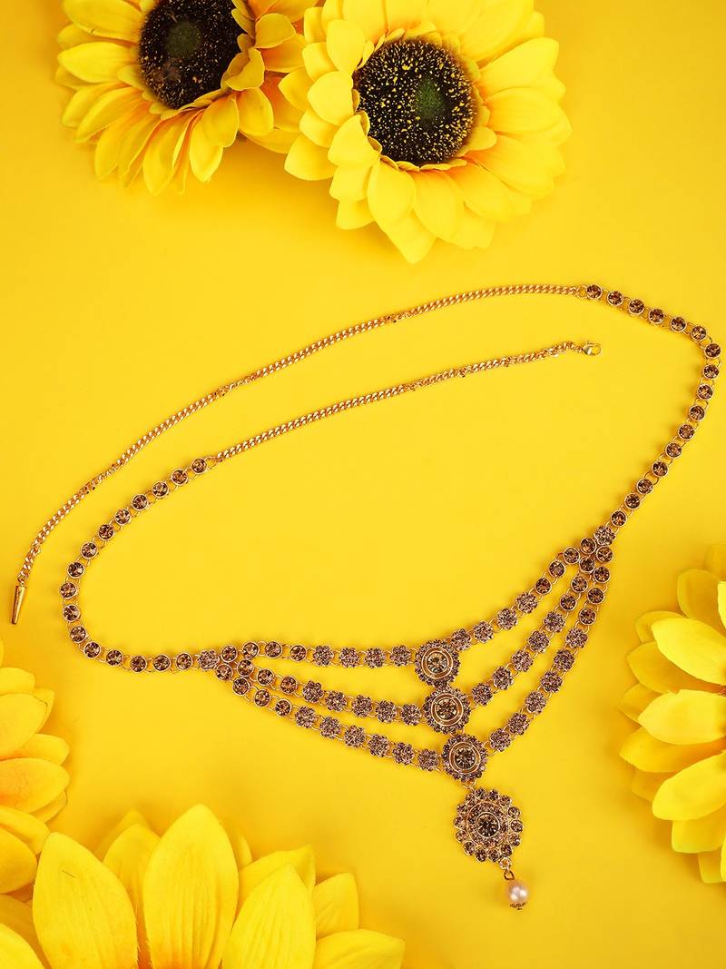 Ethnic Antique Gold Plated Stone Studded Three Chain Line Floral Design for Girls and Women.Women love jewellery