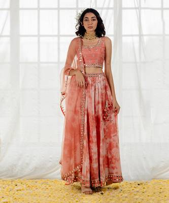 Pink Silk & Marble Dyed  Georgette Mirror Work Lehenga Set 1
