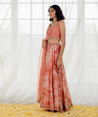 Pink Silk & Marble Dyed  Georgette Mirror Work Lehenga Set 2