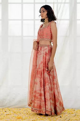 Pink Silk & Marble Dyed  Georgette Mirror Work Lehenga Set