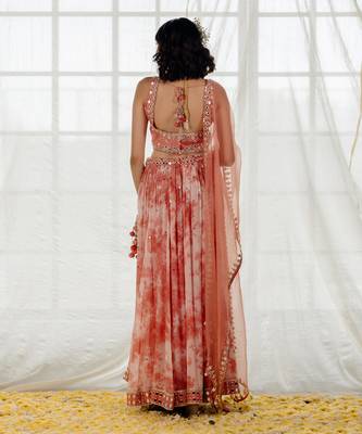 Pink Silk & Marble Dyed  Georgette Mirror Work Lehenga Set 3