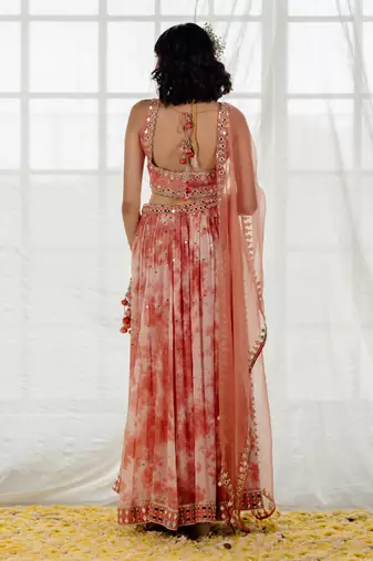 Pink Silk & Marble Dyed  Georgette Mirror Work Lehenga Set