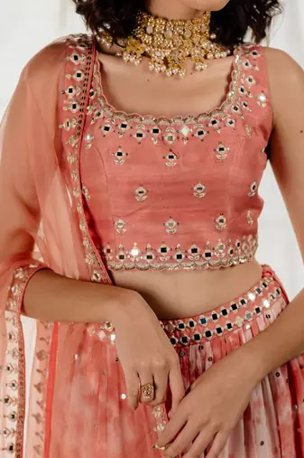 Pink Silk & Marble Dyed  Georgette Mirror Work Lehenga Set