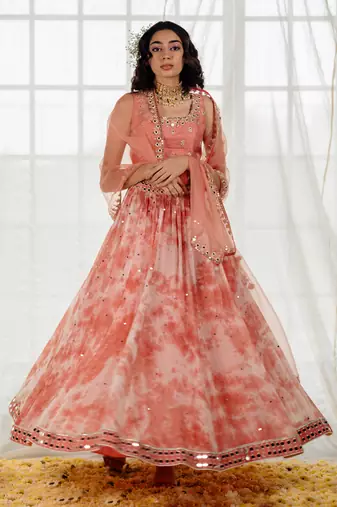 Pink Silk & Marble Dyed  Georgette Mirror Work Lehenga Set