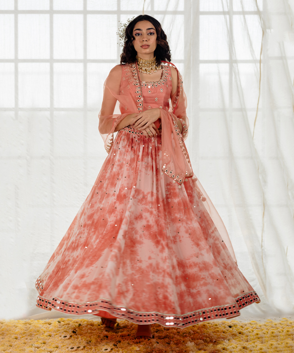 Pink Silk & Marble Dyed Georgette Mirror Work Lehenga Set