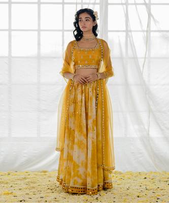 Mustard Silk And Marble Dyed  Georgette Mirror Work Lehenga Set 1