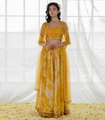 Mustard Silk And Marble Dyed  Georgette Mirror Work Lehenga Set