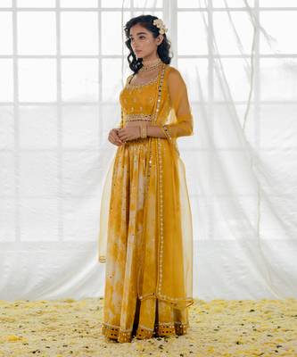 Mustard Silk And Marble Dyed  Georgette Mirror Work Lehenga Set 2