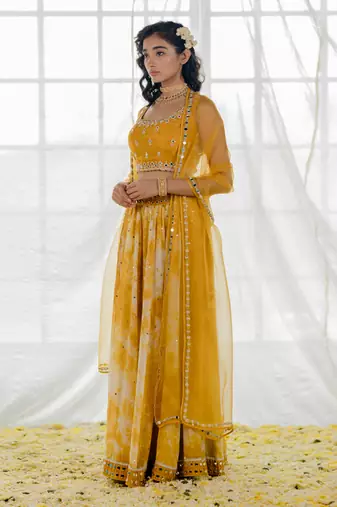 Mustard Silk And Marble Dyed  Georgette Mirror Work Lehenga Set
