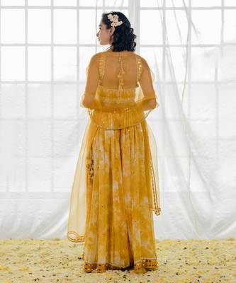 Mustard Silk And Marble Dyed  Georgette Mirror Work Lehenga Set 3
