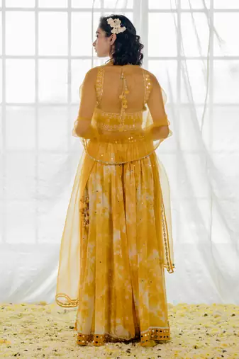 Mustard Silk And Marble Dyed  Georgette Mirror Work Lehenga Set