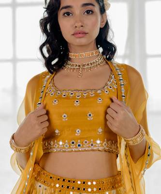 Mustard Silk And Marble Dyed  Georgette Mirror Work Lehenga Set 4