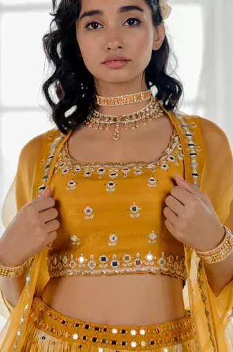 Mustard Silk And Marble Dyed  Georgette Mirror Work Lehenga Set