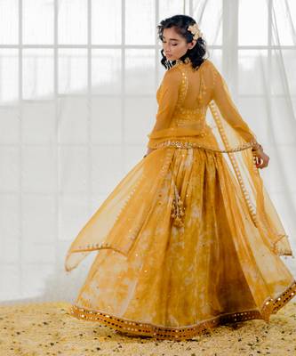 Mustard Silk And Marble Dyed  Georgette Mirror Work Lehenga Set 5