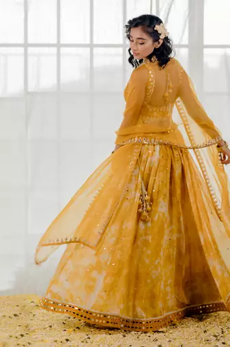 Mustard Silk And Marble Dyed  Georgette Mirror Work Lehenga Set