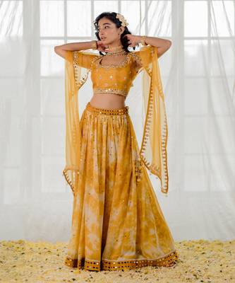 Mustard Silk And Marble Dyed  Georgette Mirror Work Lehenga Set 6