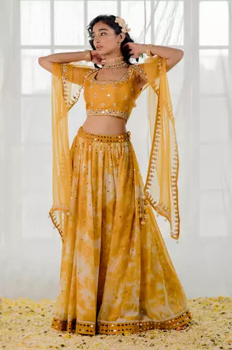 Mustard Silk And Marble Dyed  Georgette Mirror Work Lehenga Set