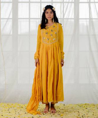 Mustard Cotton Crinkled Anarkali Set 1