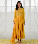 Mustard Cotton Crinkled Anarkali Set