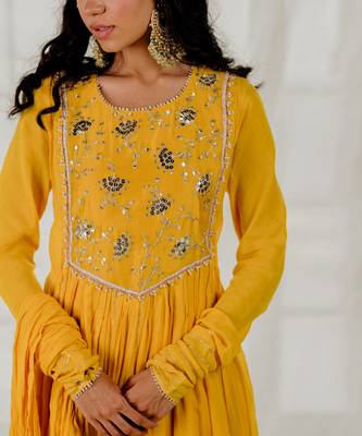 Mustard Cotton Crinkled Anarkali Set 2