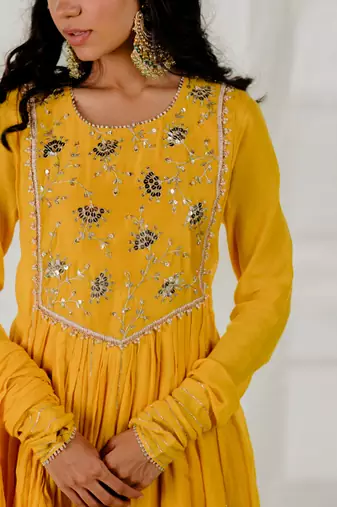Mustard Cotton Crinkled Anarkali Set