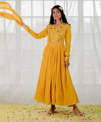 Mustard Cotton Crinkled Anarkali Set 3