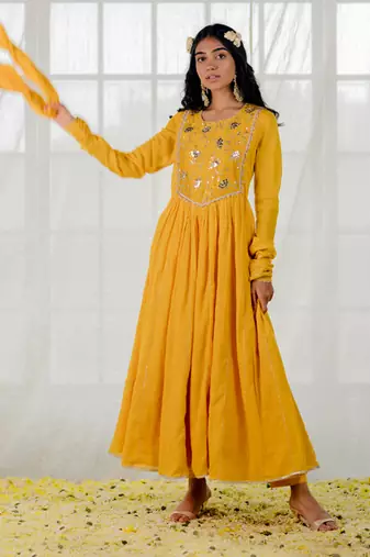 Mustard Cotton Crinkled Anarkali Set