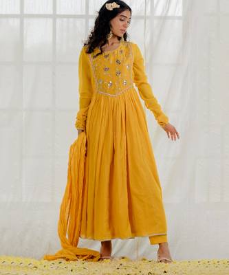 Mustard Cotton Crinkled Anarkali Set 4