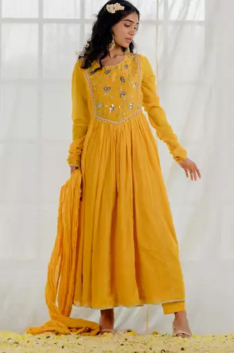 Mustard Cotton Crinkled Anarkali Set