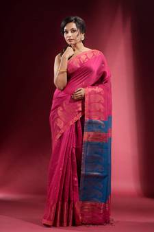 Taffy Pink Blended Cotton Handwoven Saree With Woven Zari Paisley Motifs And Contrast Pallu