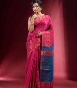 Taffy Pink Blended Cotton Handwoven Saree With Woven Zari Paisley Motifs And Contrast Pallu