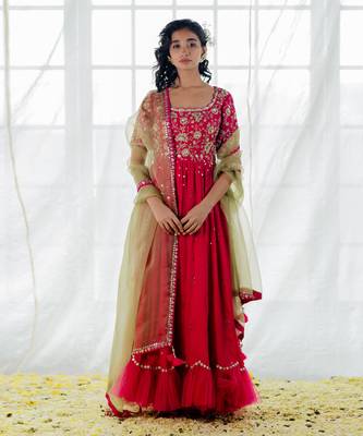 Hot Pink Silk Embroidered Anarkali Set 1