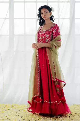 Hot Pink Silk Embroidered Anarkali Set