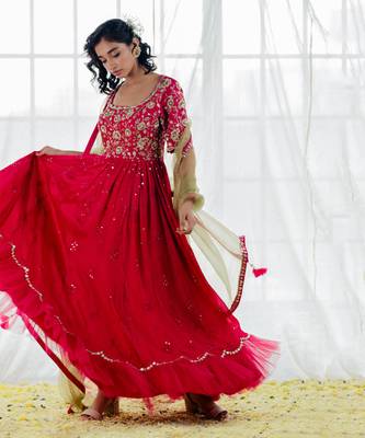 Hot Pink Silk Embroidered Anarkali Set 4