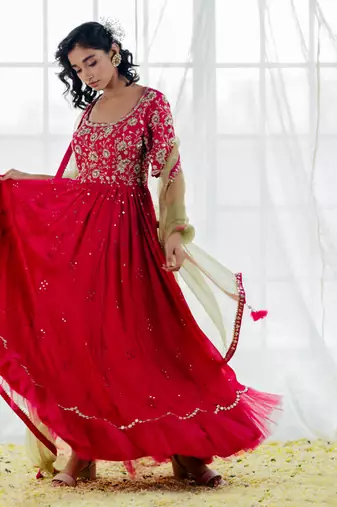 Hot Pink Silk Embroidered Anarkali Set