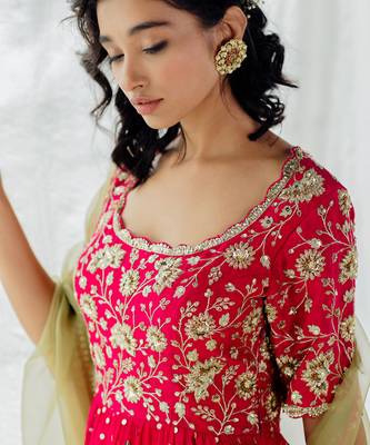 Hot Pink Silk Embroidered Anarkali Set 5